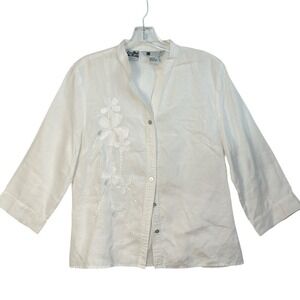 Carol Little Blouse Linen Embroidered Mandarin Collar Quiet Luxury White  L